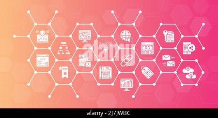 SEO business icons banner concept. Bookmark, Hosting, Hyperlink, Advertisement, Data Transfer web banner, infographic, landing page, web template. Stock Vector