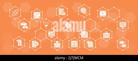 SEO vector banner with icons. Bookmark, Hosting, Hyperlink, Advertisement, Data Transfer web infographic. Stock Vector