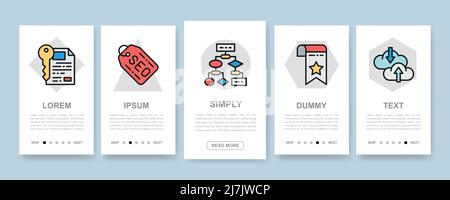 SEO mobile app screens set. Bookmark, Hosting, Hyperlink, Advertisement, Data Transfer vertical banners with color web icons. Stock Vector