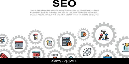 SEO landing page with colored icons. Bookmark, Hosting, Hyperlink, Advertisement, Data Transfer vector website concept background. Stock Vector
