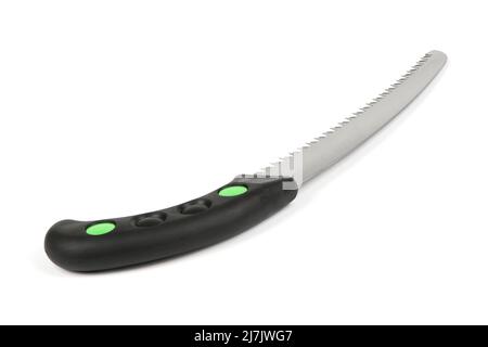 Folding garden saw in the folded state isolated on a white background, pocket saw. High resolution photo. Full depth of field. Stock Photo