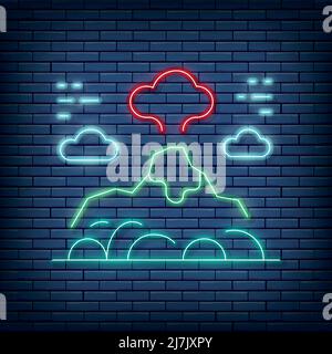 Vector volcano, mountains landscape neon sign. Vector illustration in neon style. Stock Vector