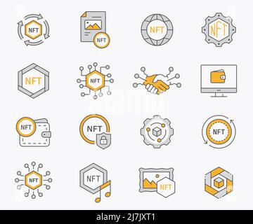NFT icon set. Collection of blockchain, cryptocurrency, innovation, coin and more. Vector illustration. Stock Vector