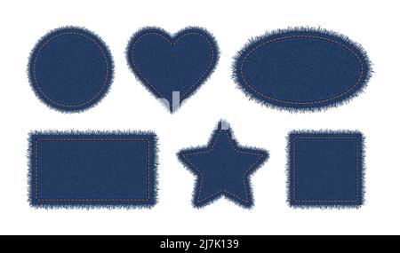 Denim circle, heart, rectangle, ellipse and star shapes with stitches. Torn jean patches with seam. Vector realistic illustration on white background Stock Vector
