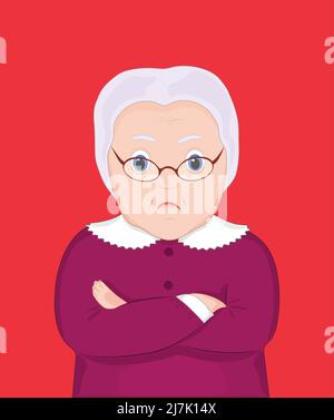 Vector of an evil grandmother. Angry, disgruntled granny with glasses on a red background. Stock Vector