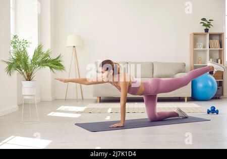 Young sporty woman exercising at home standing on all fours and lifting leg and arm. Stock Photo