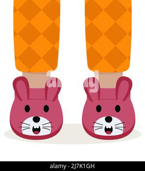 Children pajama slippers. Children feet in funny slippers. Pajama party Stock Vector