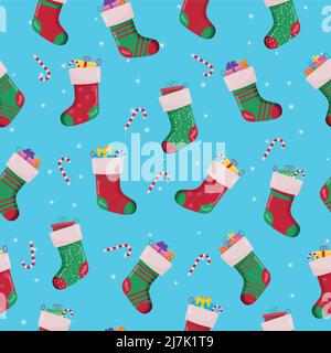 Set of christmas sock in red and green colors seamless pattern. Winter accessories. Stock Vector