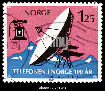 MOSCOW, RUSSIA - MARCH 27, 2022: Postage stamp printed in Norway shows Telephone, serie, circa 1980 Stock Photo