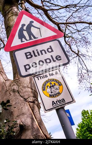 Epsom Surrey, London, May 09 2022, Road Traffic Sign Warning Of Blind People Crossing Road Stock Photo