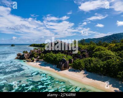 Anse Source d'Argent beach, La Digue Island, Seyshelles, Drone aerial view of La Digue Seychelles bird eye view.of tropical Island Stock Photo
