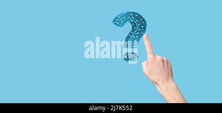 Question mark. 3d abstract on dark background with dots and stars. Ask symbol. Help support, faq problem symbol, think education concept, confusion se Stock Photo