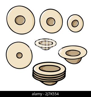 Doodle hand-drawn plates set. Beige stack of plates isolated on white background. Cozy kitchen utensils, cute kitchenware, dishes for food, dinner, se Stock Vector