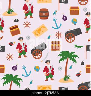 Bundle pirate seamless pattern. Bundle pirate, treasure map, rum, ship wheel, anchor barrel bomb Stock Vector