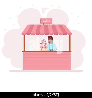 Stall Counters. Food market counter with cakes on shelves. Kiosk on white background. Stock Vector