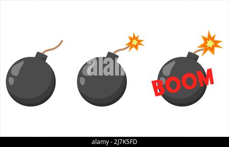 Set of black bombs isolated on white background. Flat vector Illustration. Stock Vector