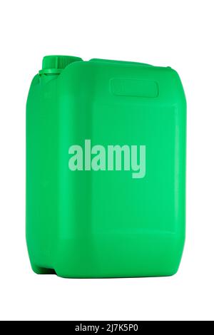 Green plastic canister with lid isolated on a white background. Image from an angle. Image of disinfectant, detergent or lubrication product. Jerrycan Stock Photo