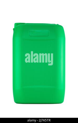 Jerrycan with liquid substance. Green plastic canister with lid isolated on white background. Image of disinfectant, detergent or lubrication product Stock Photo