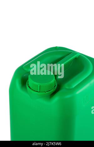Green plastic jerrycan with lid isolated on a white background. Image from an angle. Canister with a liquid substance. Image of a disinfectant Stock Photo
