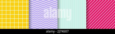 Striped color seamless pattern set. Bright fresh yellow, pink, mint, violet backgrounds with white stripes. Geometric waves, cells, diagonal, vertical Stock Vector
