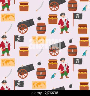 Bundle pirate seamless pattern. Bundle pirate, treasure map, rum, ship wheel, anchor barrel bomb Stock Vector