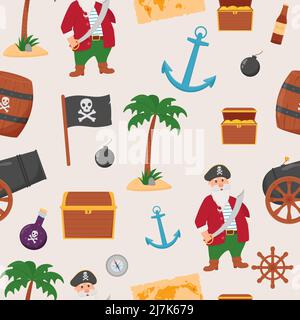Bundle pirate seamless pattern. Bundle pirate, treasure map, rum, ship wheel, anchor barrel bomb Stock Vector
