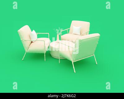 Seats and small round tables on a solid background, monochrome furniture. 3D rendering. Stock Photo