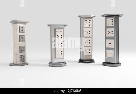 Various sockets are arranged on a light background, 3D rendering. Stock Photo