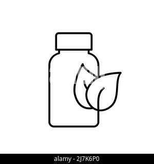 Nutritional supplement bottle line icon. Plant based medicine. Pill bottle with leaves. Vitamins and minerals tablets. Dietary products. Vector Stock Vector