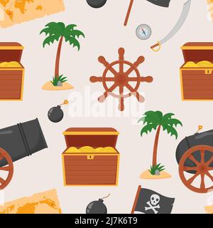 Bundle pirate seamless pattern. Bundle pirate, treasure map, rum, ship wheel, anchor barrel bomb Stock Vector