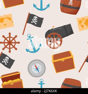 Bundle pirate seamless pattern. Bundle pirate, treasure map, rum, ship wheel, anchor barrel bomb Stock Vector