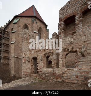Mansfeld Schloß 59214 Chor der Schloßkapelle von Süden davor Ruine des Verbindungsbaus zum Schloß Mittelort Stock Photo