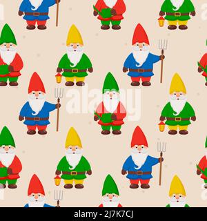 Cute little gnomes seamless pattern. Garden gnomes. Stock Vector