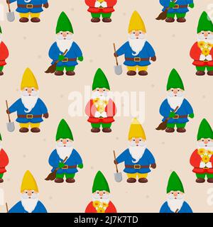 Cute little gnomes seamless pattern. Garden gnomes. Stock Vector