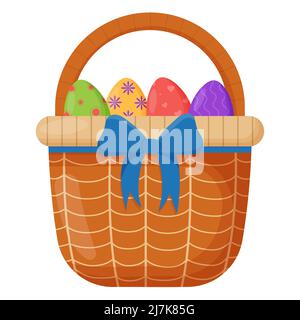 Wicker basket. Wicker basket with Easter eggs for Easter. Wooden accessory for storage or carrying. Stock Vector