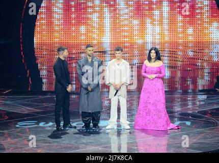 -Alessandro Catelan, Mahmood &amp; Blanco (Brividi) Italy and Laura Pausini during the Eurvision Song Contest 2022, first Semi-Final - Dress Rehearsal Stock Photo