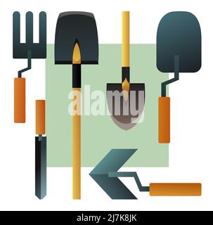 Agricultural rural garden tool. Logo and symbol logotype. Shovels rakes and hoes. Isolated on white background. Vector Stock Vector