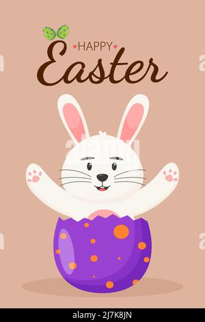 Cute Easter bunny is sitting in an Easter egg. Easter concept. Happy Easter banners, greeting cards, posters, holiday covers. Stock Vector