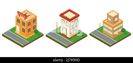Modern isometric set buildings. Coffee shop, police, fitness center. Isometric icon or inforgraphic element. Flat vector illustration Stock Vector