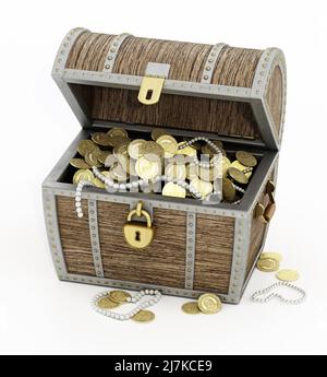 Treasure chest full of antique gold coins and jewels isolated on white background. 3D illustration. Stock Photo