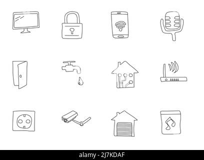 smart house hand drawn linear vector icons Stock Vector