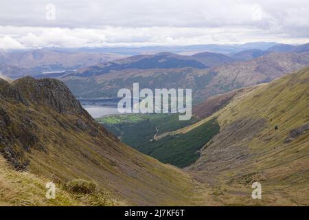 Looking down on the bridge connecting North and South Ballachulish from the bealach between Sgorr Dhonuill and Sgorr Dhearg, Scottish Highlands Stock Photo