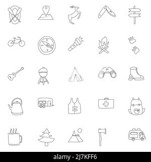 camping hand drawn linear doodles Stock Vector