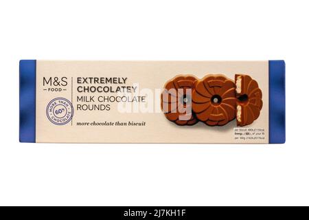 Box of Extremely Chocolatey Milk Chocolate Rounds biscuits more chocolate than biscuit isolated on white background Stock Photo