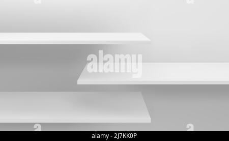 Long 3d empty white wooden or plastic shelves mockup on wall. Template of shop book and magazine store organization for merchandising and marketing. V Stock Vector