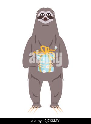 Sloth holding gift. Animal in cartoon style. Stock Vector