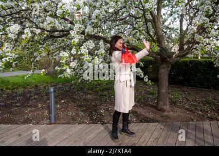 Moscow, Russia. 9th May, 2022. A woman takes a selfie for Instagram against a background of blooming fruit tree flowers and a festive red flag on Victory Day in Muzeon Park, Russia Stock Photo