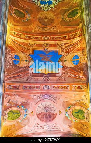 MORCOTE, SWITZERLAND - MARCH 25, 2022: The ceiling of San Rocco Church with colorful frescoes, on March 25 in Morcote Stock Photo