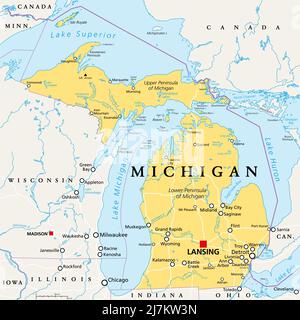 Michigan, MI, political map, with capital Lansing and metropolitan area Detroit. State in Great Lakes region of upper Midwestern United States.