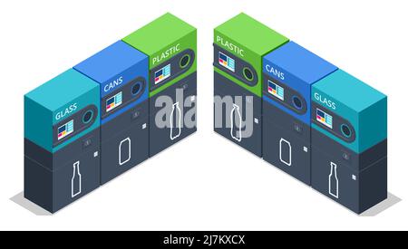 Isometric Recycling machine isolated on white. Put bottles in vending machine. Reverse Vending Recycling Machine. Recycling machine that dispenses Stock Vector